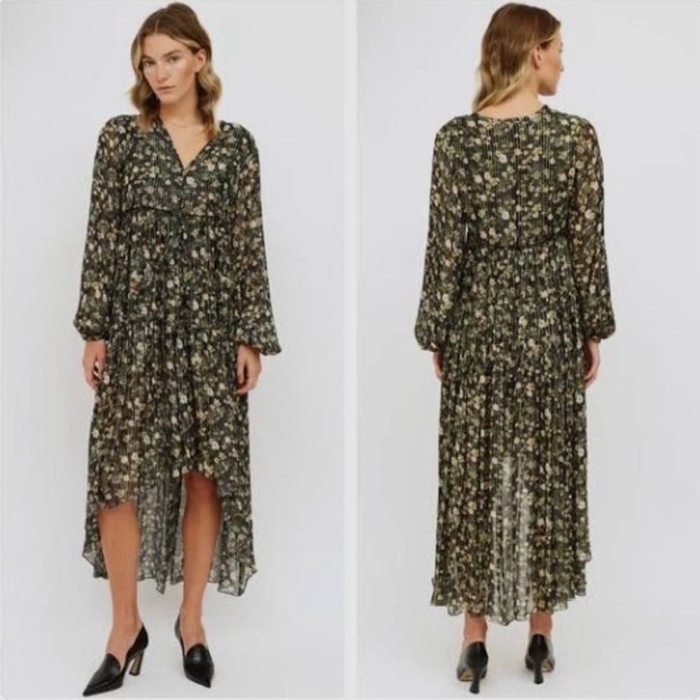 ROCOCO SAND SIZE M Floral High-Low Long Sleeve Dress - Olive Green